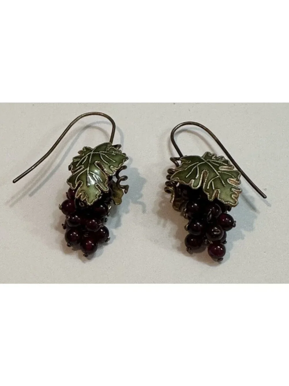 Bohemian Garnet Bead Grape Cluster Guilloche Enamel Brass Leaf Earrings